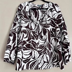 Talbots White & Dark Brown Leaf-Print Tie-Neck Tunic